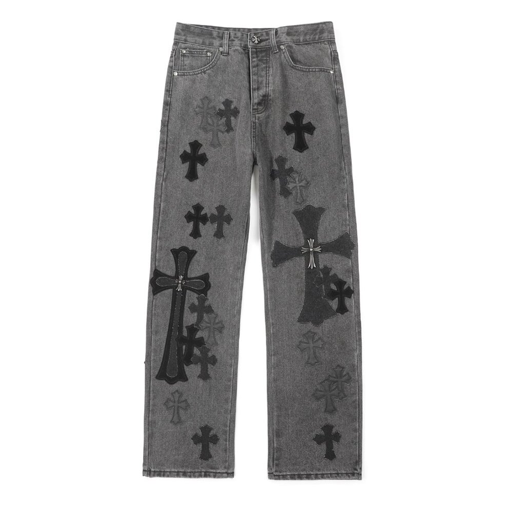 Chrome Hearts Black/Gray Cross Patch Unisex Jeans